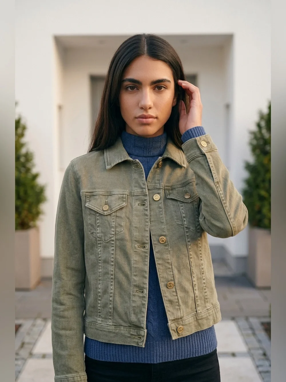Michael Kors Olive Green Denim Jacket with Button Front